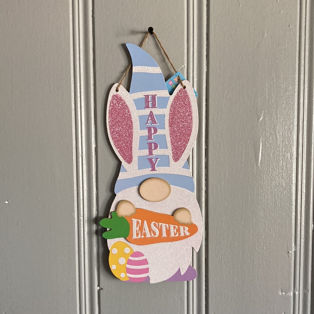 2/$20 Brand NWT Adorable Glittered Happy Easter Bunny Gnome Decoration Sign